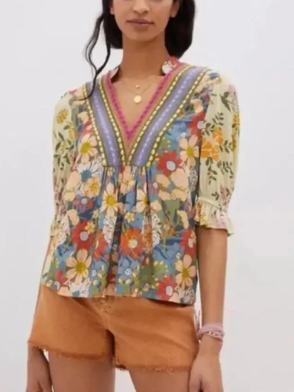 Anthropologie Blank London Stephanie Floral Embroidered Blouse Top V-Neck Sz XS